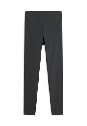 Leggings neri realizzati in tessuto liscio e elastico. Vita alta con un design semplice. Nessun motivo visibile o dettagli hardware.