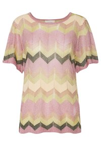 Knit top featuring a chevron pattern in pink, cream, green, and black. Short sleeves and a wide crew neck, with a textured finish.