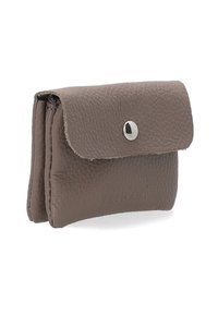 Brown textured leather wallet with a snap closure, featuring a compact rectangular shape and visible stitching along the edges.
