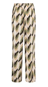 Palazzo pants in lightweight fabric with an elastic waistband. Features a cream base with a green, black, and mustard ikat pattern throughout.