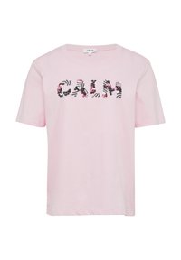 T-shirt en coton rose à manches courtes présentant "CALM" en broderie florale multicolore sur le devant. Encolure classique.