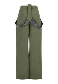 Groene, wijde waterdichte broek met verstelbare banden en een zachte textuur. Het achterontwerp heeft een dubbele bandaccent.