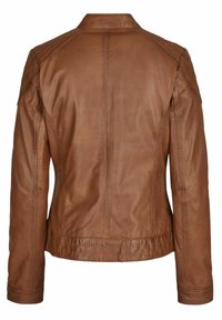 Braune Lederjacke mit einer taillierten Passform, gerippten Schultern und glatter Textur. Verfügt über einen runden Kragen und horizontale Nahtakzente.