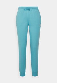 Light blue sweatpants made of soft fabric, featuring an elastic waistband with a drawstring and tapered cuffs at the ankles.