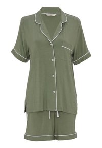 Zestaw piżamowy w oliwkowym kolorze z krótkimi rękawami, z białymi lamówkami, kieszonką na koszulce oraz szortami z elastycznym paskiem. Miękka, lekka tkanina.