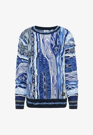 Strikket sweater i blå nuancer med indviklede mønstre, kontrasterende teksturer og ribbede ærmekanter og kant. Inkluderer en lille logotag på siden.