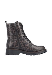 Leopard-Print-Ankle Boots mit glänzender Lederoberfläche, Schnürung vorne, seitlichem Reißverschluss und robustem Sohlen für zusätzlichen Halt. In Schwarz und Braun.