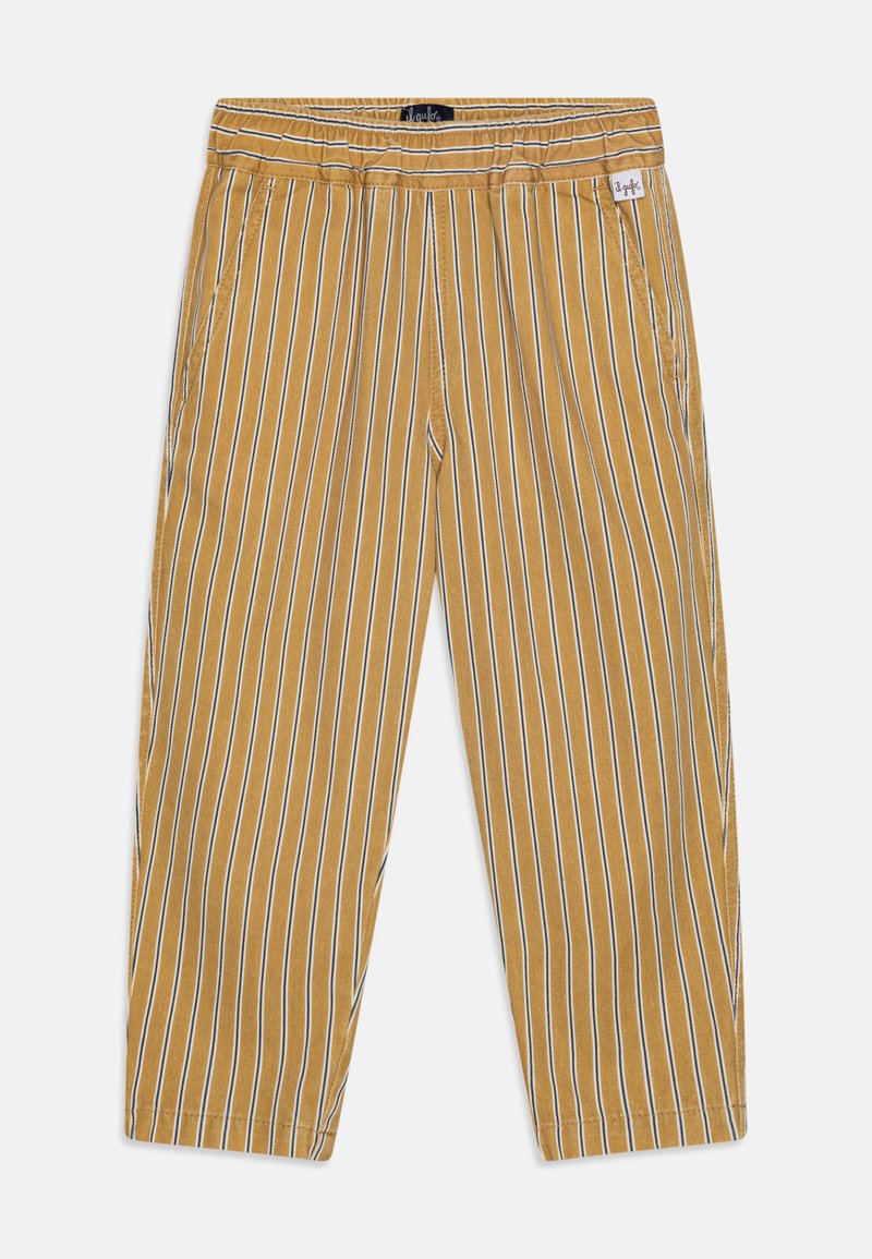 Gule stripebukser med en avslappet passform, som har blå og hvite vertikale striper, elastisk linning og sidelommer.