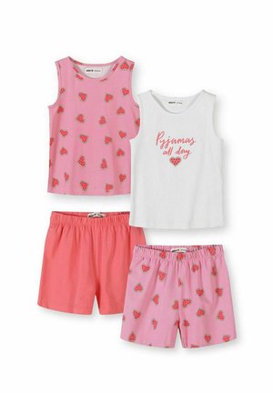 Dwa różowe topy bez rękawów i dwie krótkie spodenki; jeden top i spodenki mają wzory z arbuzowymi sercami, biały top z napisem "Piżama przez cały dzień" oraz arbuzowym sercem.