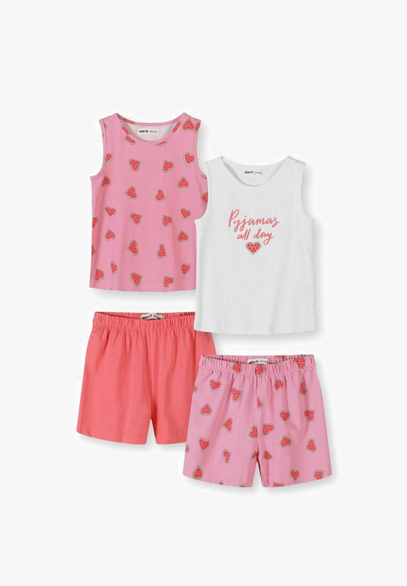Deux hauts sans manches roses et deux shorts ; un haut et un short ont des motifs de cœurs pastèque, le haut blanc porte l'inscription "Pyjamas toute la journée" avec un cœur pastèque.