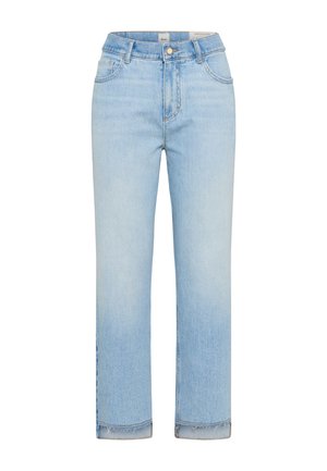 Light blue high-waist straight-leg denim jeans with front button, pockets, belt loops, and raw hem detailing.