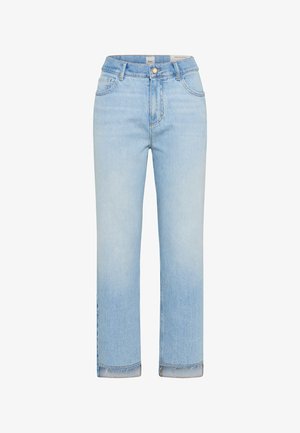 Lyseblå, højtaljede straight-leg denimjeans med forreste knap, lommer, bæltestropper og rå kantdetaljer.