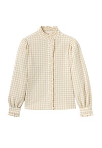 Blouse à manches longues en vichy beige et blanc avec un col volanté, des boutons sur le devant, des manches bouffantes et des poignets volantés.