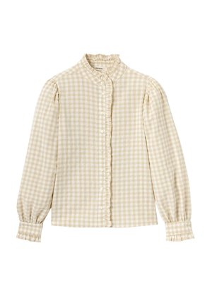 Blouse à manches longues en vichy beige et blanc avec un col volanté, des boutons sur le devant, des manches bouffantes et des poignets volantés.