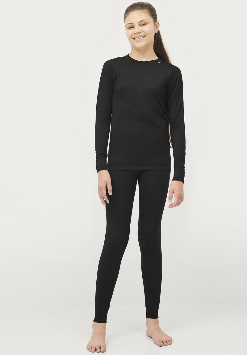 Zwarte langarmtop en leggings van gladde, elastische stof. Strak ontwerp met een ronde hals en polsmanchetten.