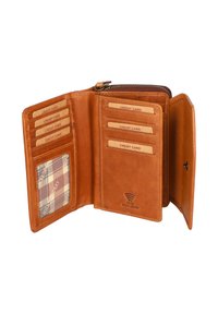 Portafoglio in pelle marrone con molte tasche per carte e una tasca trasparente con motivo a quadretti. Include protezione RFID. Chiusura con zip.
