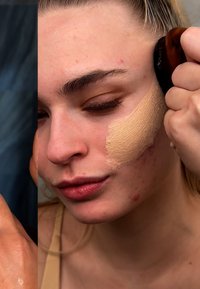 Foundation påføres huden med en pensel. Huden har en beige tone, med teksturer av blemmer og en lett glans synlig.