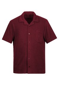 Koszula krótko rękawowa w kolorze burgundowym, zapinana na guziki, wykonana z teksturowanej tkaniny, z kieszenią na piersi i klasycznym kołnierzykiem.