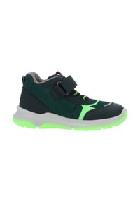 Barns mörkgröna sneakers med neongröna detaljer, grå innerfoder, vit sula och en kardborrerem över snörena.