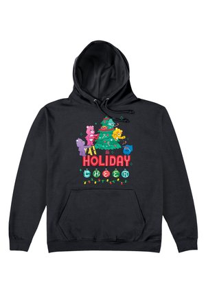 Czarna bluza z kapturem z kolorową grafiką przedstawiającą kreskówkowe zwierzęta dekorujące choinkę bożonarodzeniową z napisem "Świąteczna Radość".