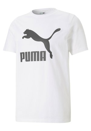 White cotton T-shirt featuring a large black Puma logo and silhouette of a leaping cat. Crew neck with short sleeves and a straight hem.