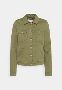 Olivgrön denimjacka med knappstängning, klassisk krage, två bröstfickor och långa ärmar. Texturerad tyg med en figursydd form.