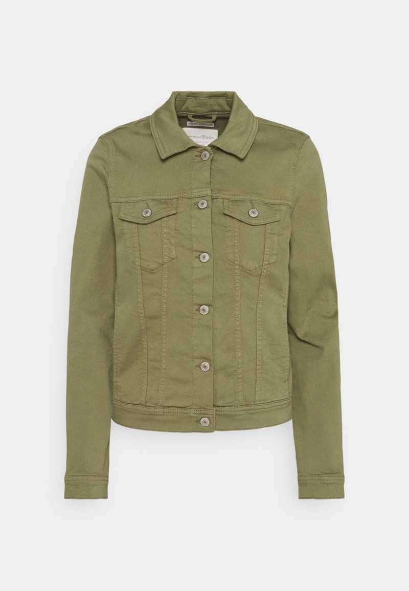 Olivgrön denimjacka med knappstängning, klassisk krage, två bröstfickor och långa ärmar. Texturerad tyg med en figursydd form.