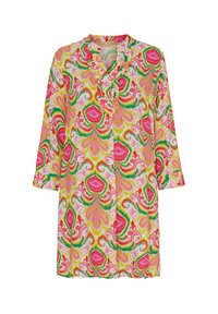 Multifarvet blomstermønstrede tunika med flæsekrave, trekvartærmer og knaplukning. Fremstillet af let materiale.