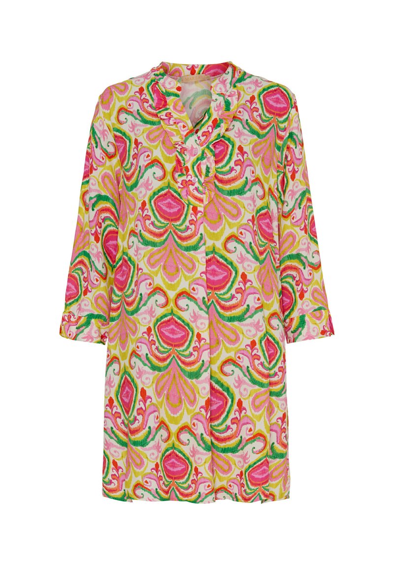 Multifarvet blomstermønstrede tunika med flæsekrave, trekvartærmer og knaplukning. Fremstillet af let materiale.