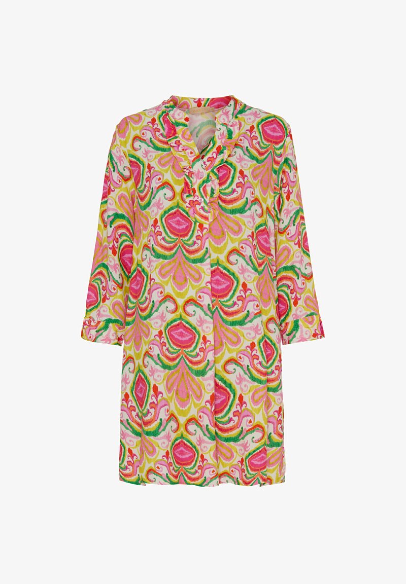 Multifarvet blomstermønstrede tunika med flæsekrave, trekvartærmer og knaplukning. Fremstillet af let materiale.