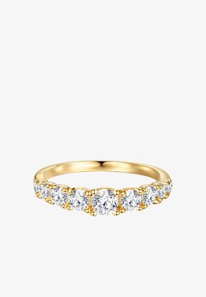 Goldener Bandring mit einer Reihe von neun runden, klaren, funkelnden Edelsteinen, gleichmäßig entlang der oberen Hälfte des Rings gesetzt.