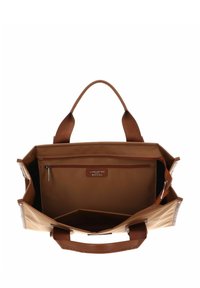 Borsa sintetica marrone con doppie maniglie in tessuto marrone, una tasca interna con zip e un ampio interno. Caratterizzata da un design semplice e lineare.