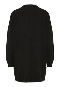 Pull en maille noir à manches longues avec une coupe ample, poignets côtelés et ourlet côtelé, montré de dos sur fond blanc.