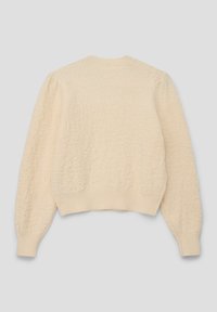 Crèmekleurige trui met een gestructureerd oppervlak, geribbelde manchetten en een ronde halslijn, met pofmouwen en een cropped ontwerp.