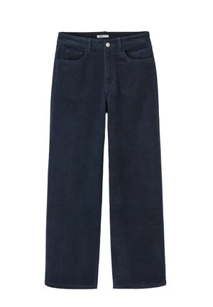 Pantalons en velours côtelé bleu marine avec une coupe droite, dotés de poches avant, d'une fermeture à bouton et de rayures verticales texturées.