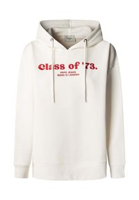 Kremna bombažna jopa z mehko teksturo. Na njej sta rdeče odtisnjena napisa "Class of '73" in ime blagovne znamke "Pepe Jeans, Born in London."