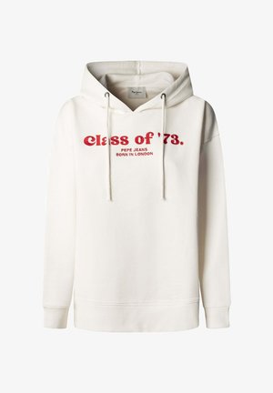 Sweat à capuche crème en coton avec une texture douce. Présente un texte imprimé rouge "Class of '73" et le nom de la marque "Pepe Jeans, Born in London."