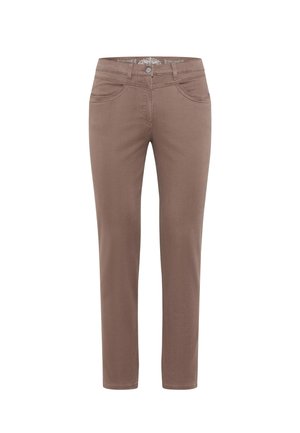 Brown denim pants with a straight-leg fit, featuring two front pockets, a button closure, and subtle stitching details.