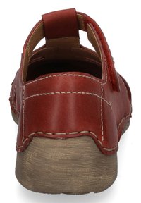 Red leather sandal with open heel, stitched detailing, and a sturdy brown sole. Features a small back loop for easy wear.