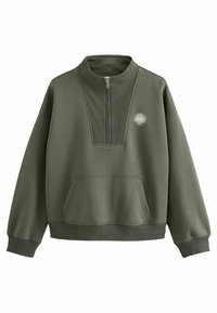 Sweat-shirt vert olive avec un col zippé jusqu'au quart, coupe oversize, accents côtelés et poche kangourou à l'avant. Présente un logo sur la poitrine.