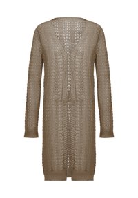 Cardigan lung, tricotat, de culoare maro, cu decolteu în V, deschis în față și model texturat în valuri. Dispune de mâneci complete și un tiv drept.
