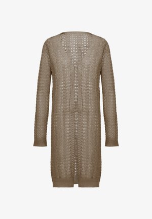 Hosszú, barna kötött kardigán V-nyakkal, nyitott elülső résszel és texturált hullám mintával. Hosszú ujjakkal és egyenes szegéllyel rendelkezik.