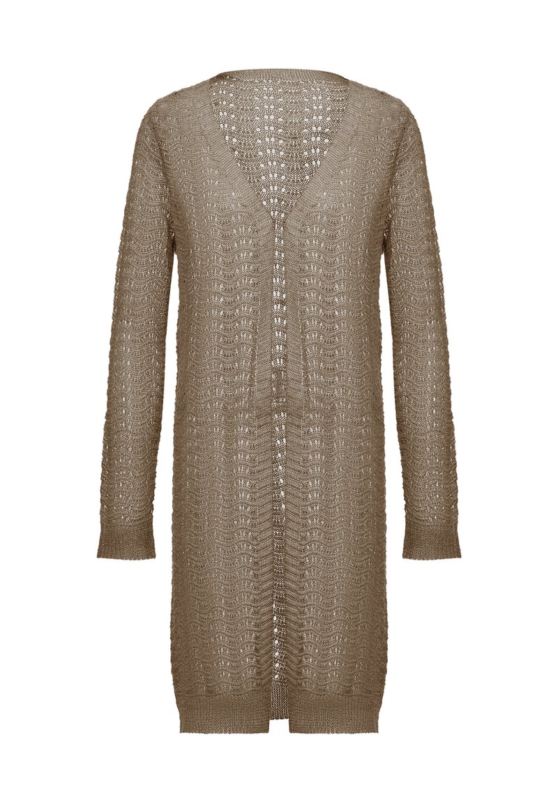 Hosszú, barna kötött kardigán V-nyakkal, nyitott elülső résszel és texturált hullám mintával. Hosszú ujjakkal és egyenes szegéllyel rendelkezik.