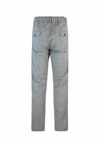 Pantaloni grigi con una vestibilità rilassata, vita elasticizzata e due tasche posteriori con chiusura a bottone. Realizzati in un tessuto leggero e strutturato.