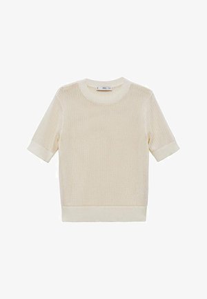 Krem boje pleteni pulover s kratkim rukavima, okruglim izrezom, rebrastim manžetama i strukom, s teksturiranim otvorenim tkanjem.