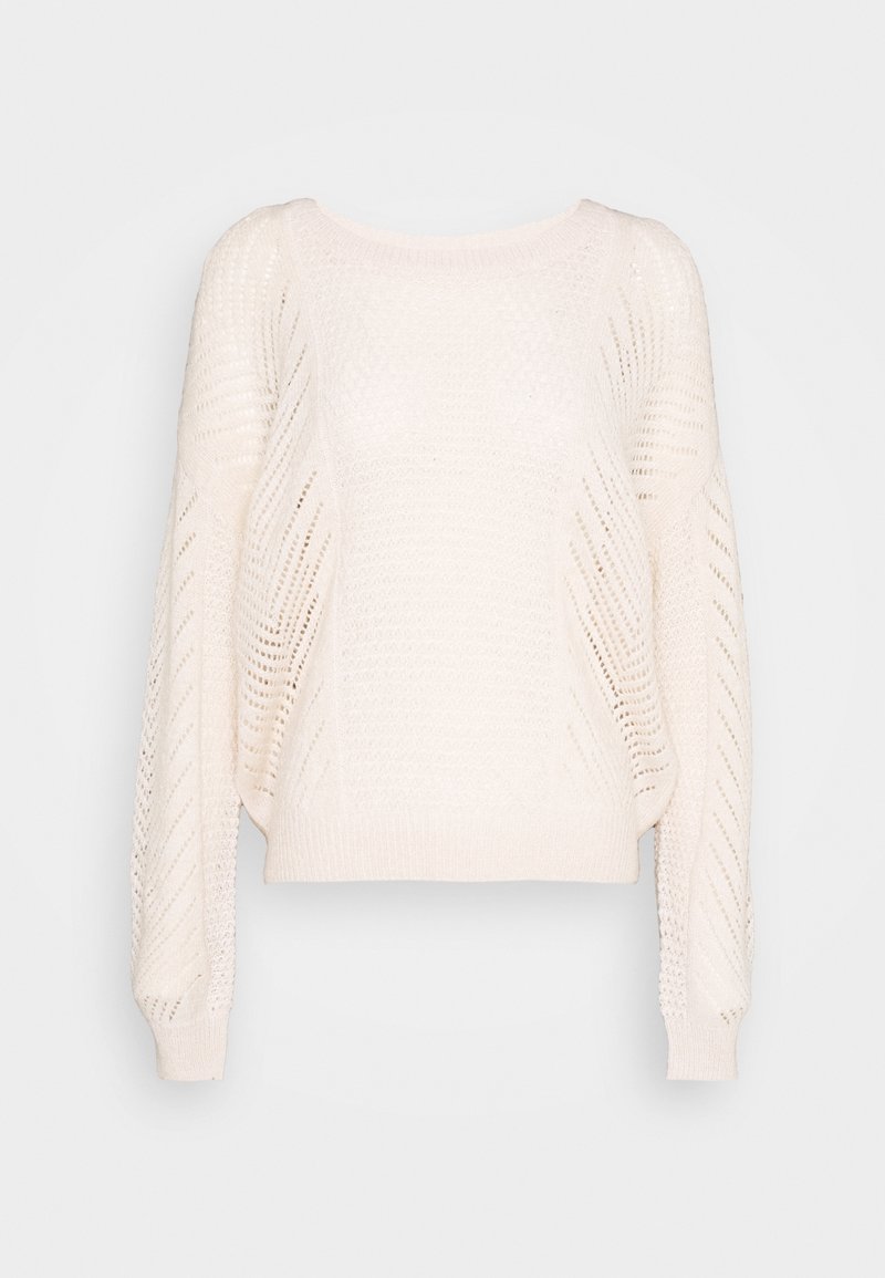 Pull en maille couleur crème à manches longues avec un motif ajouré en chevrons, doté de poignets et d’un ourlet côtelés.