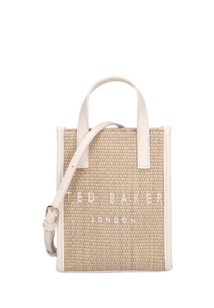 Petit sac fourre-tout beige tissé avec poignées et bandoulière en cuir blanc, "Ted Baker London" brodé sur le devant.