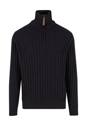 Pulover tricotat bleumarin cu guler înalt și închidere tip quarter-zip. Dispune de un model texturat cu cabluri și manșete și tiv cu model côté.