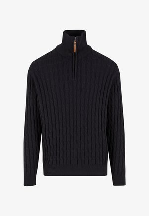 Pulover tricotat bleumarin cu guler înalt și închidere tip quarter-zip. Dispune de un model texturat cu cabluri și manșete și tiv cu model côté.