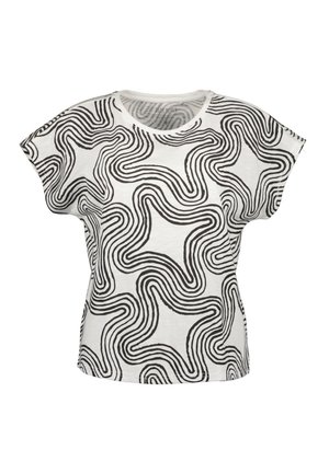 Hvid kortærmet t-shirt med et mønster af sorte bølgede linjer, med løs pasform og rund halsudskæring, lavet af letvægtsstof.